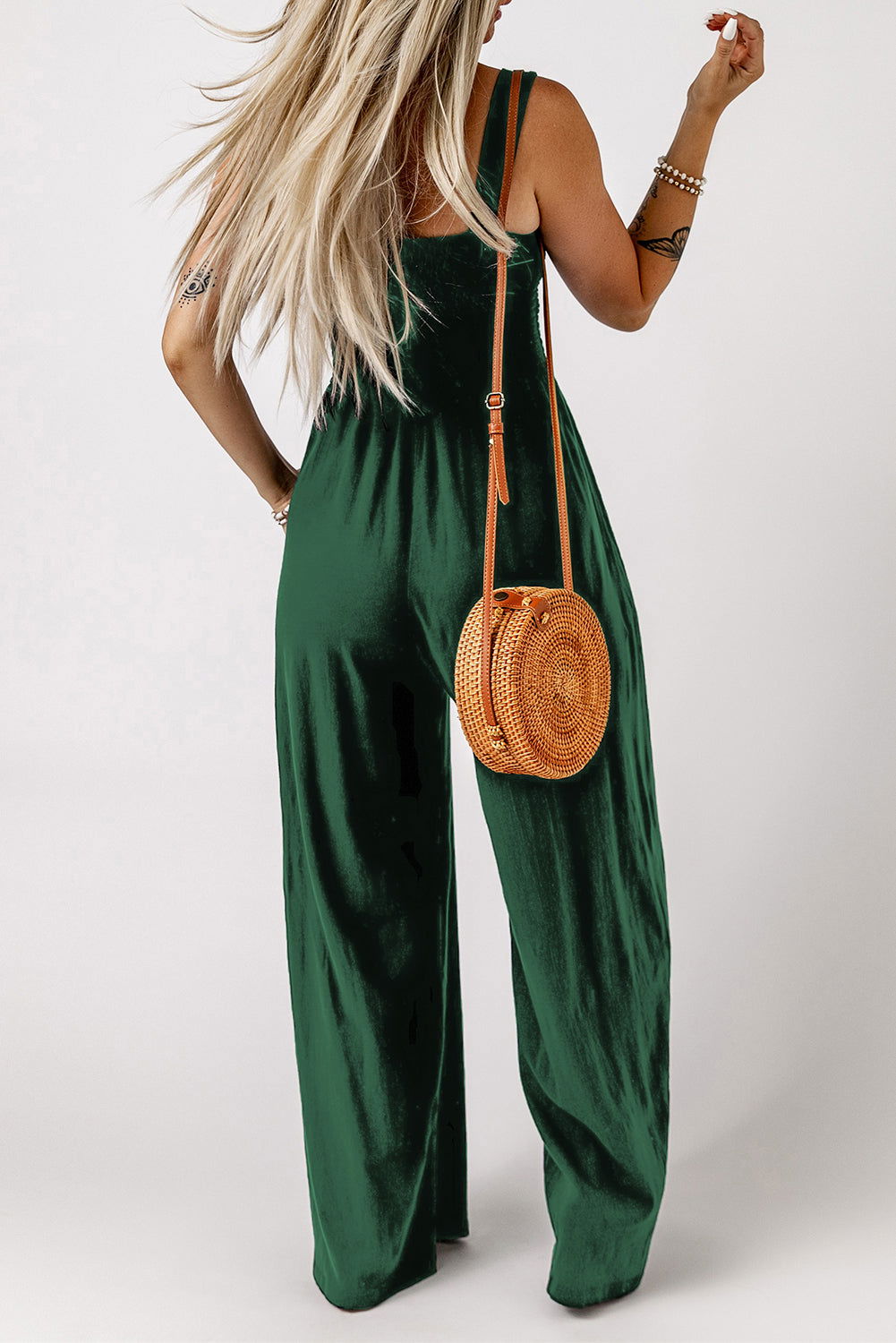 Green Casual Smocked Pocketed Wide Leg Jumpsuit - Vesteeto