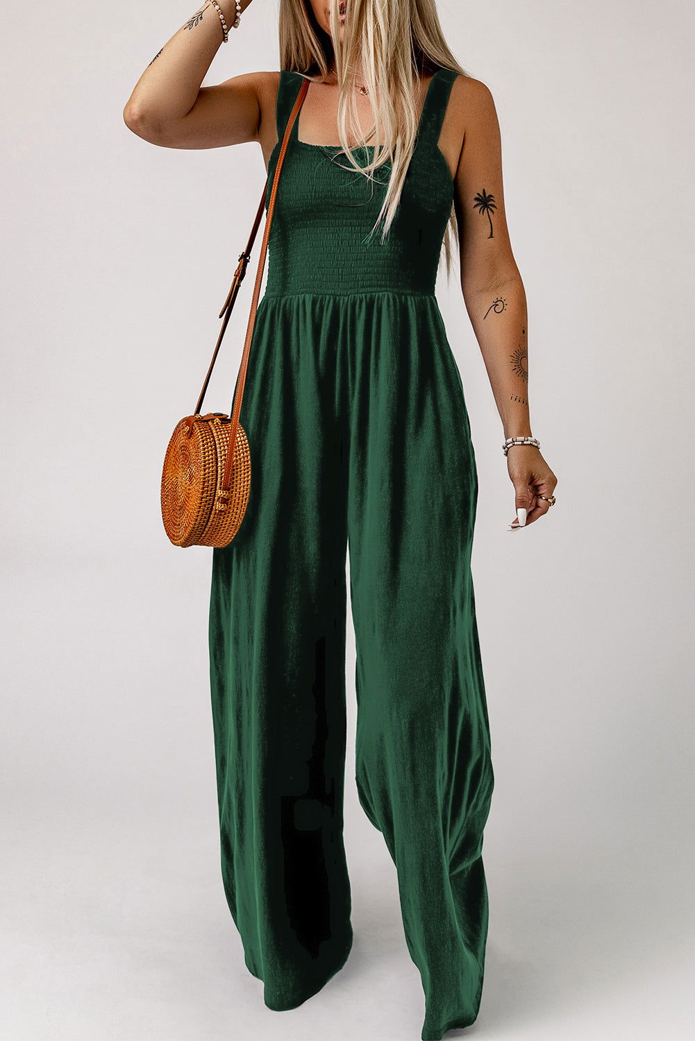 Green Casual Smocked Pocketed Wide Leg Jumpsuit - Vesteeto