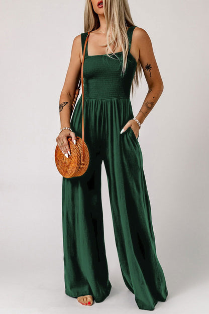 Green Casual Smocked Pocketed Wide Leg Jumpsuit - Vesteeto