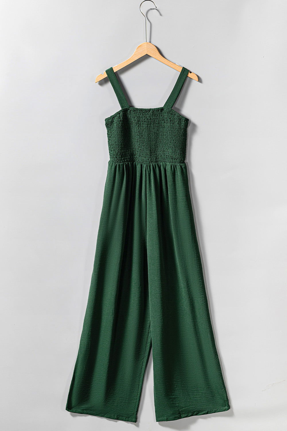 Green Casual Smocked Pocketed Wide Leg Jumpsuit - Vesteeto