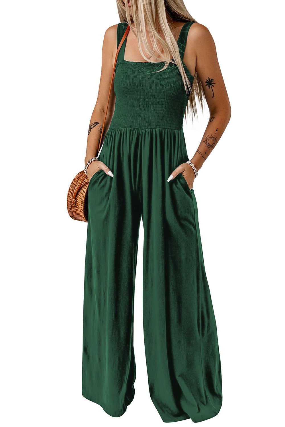 Green Casual Smocked Pocketed Wide Leg Jumpsuit - Vesteeto