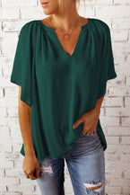 Green Casual Split Neck Pleated Loose Blouse - Vesteeto