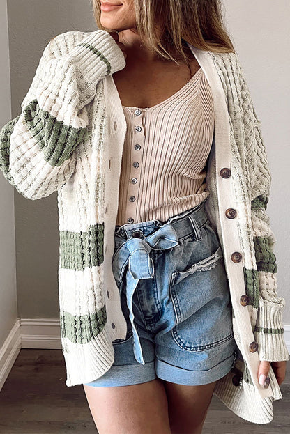 Green Colorblock Textured Knit Buttoned Cardigan - Vesteeto