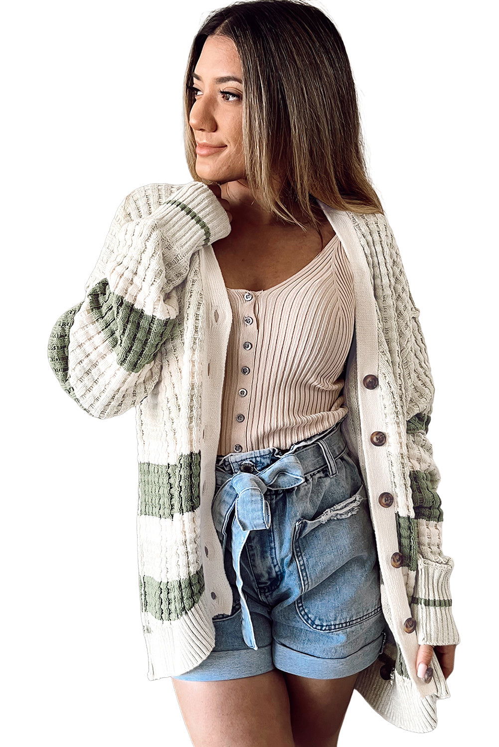 Green Colorblock Textured Knit Buttoned Cardigan - Vesteeto