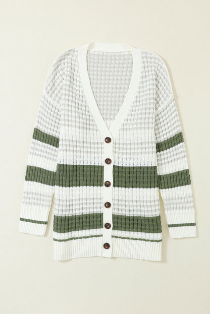 Green Colorblock Textured Knit Buttoned Cardigan - Vesteeto