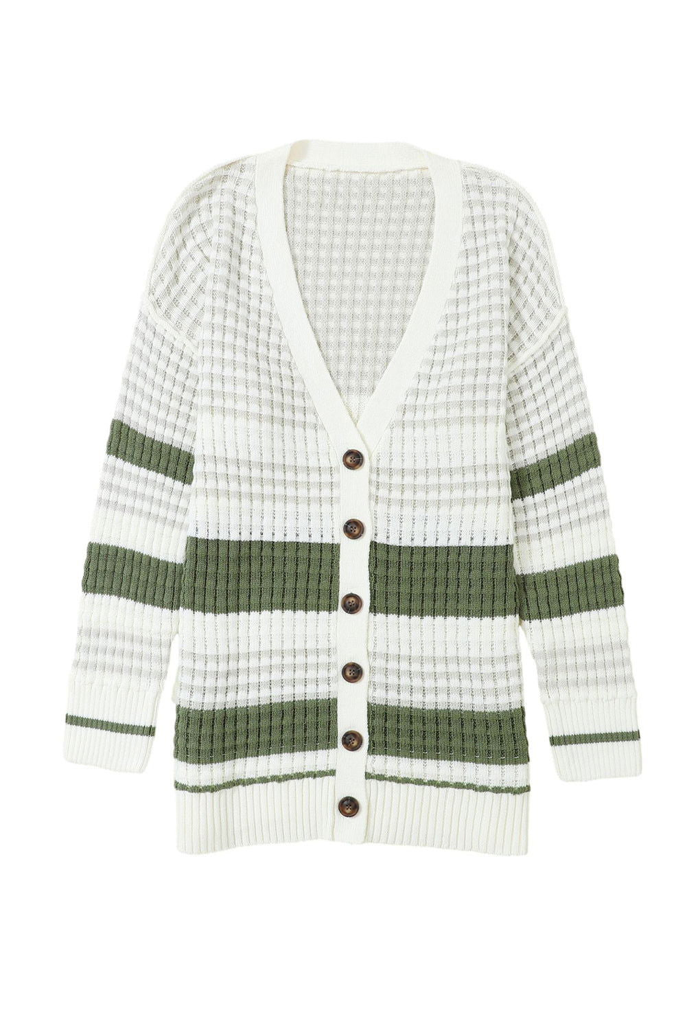 Green Colorblock Textured Knit Buttoned Cardigan - Vesteeto