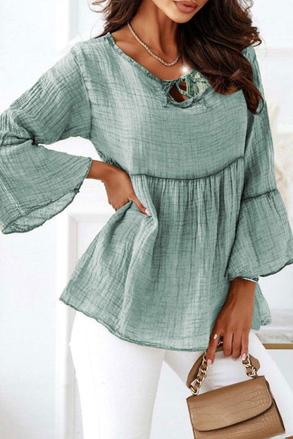 Green Crinkle Lace Up Round Neck Bell Sleeve Blouse - Vesteeto