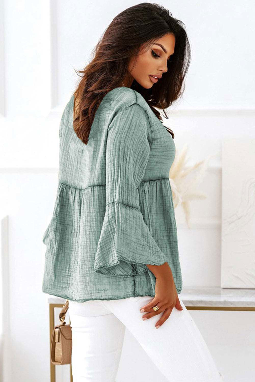 Green Crinkle Lace Up Round Neck Bell Sleeve Blouse - Vesteeto