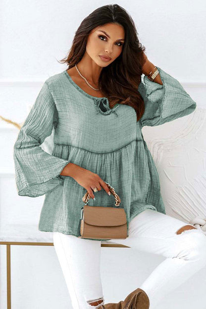 Green Crinkle Lace Up Round Neck Bell Sleeve Blouse - Vesteeto