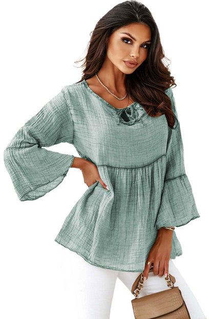 Green Crinkle Lace Up Round Neck Bell Sleeve Blouse - Vesteeto