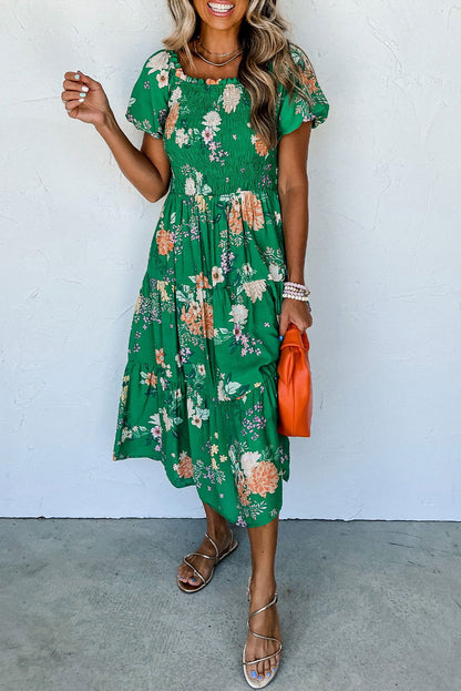 Green Floral Print Bubble Sleeve Smocked Tiered Midi Dress - Vesteeto