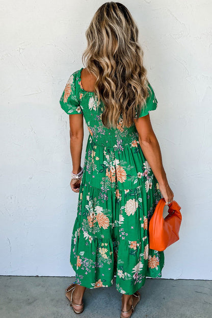 Green Floral Print Bubble Sleeve Smocked Tiered Midi Dress - Vesteeto