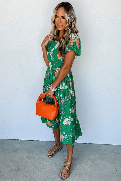 Green Floral Print Bubble Sleeve Smocked Tiered Midi Dress - Vesteeto