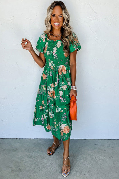 Green Floral Print Bubble Sleeve Smocked Tiered Midi Dress - Vesteeto