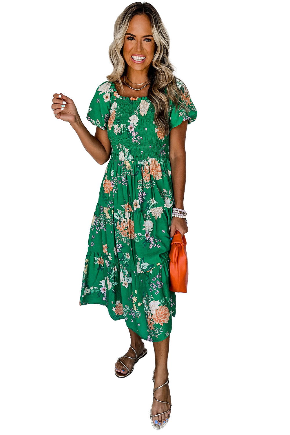 Green Floral Print Bubble Sleeve Smocked Tiered Midi Dress - Vesteeto