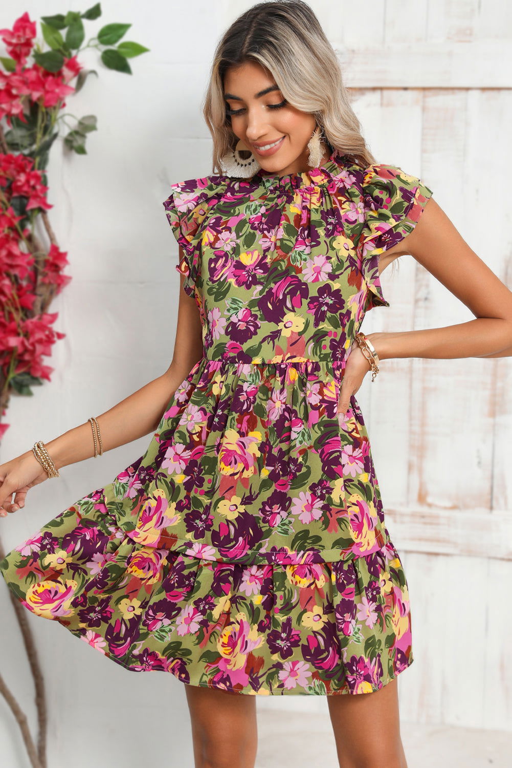 Green Floral Print Flutter Shoulder Ruffled Mini Dress - Vesteeto