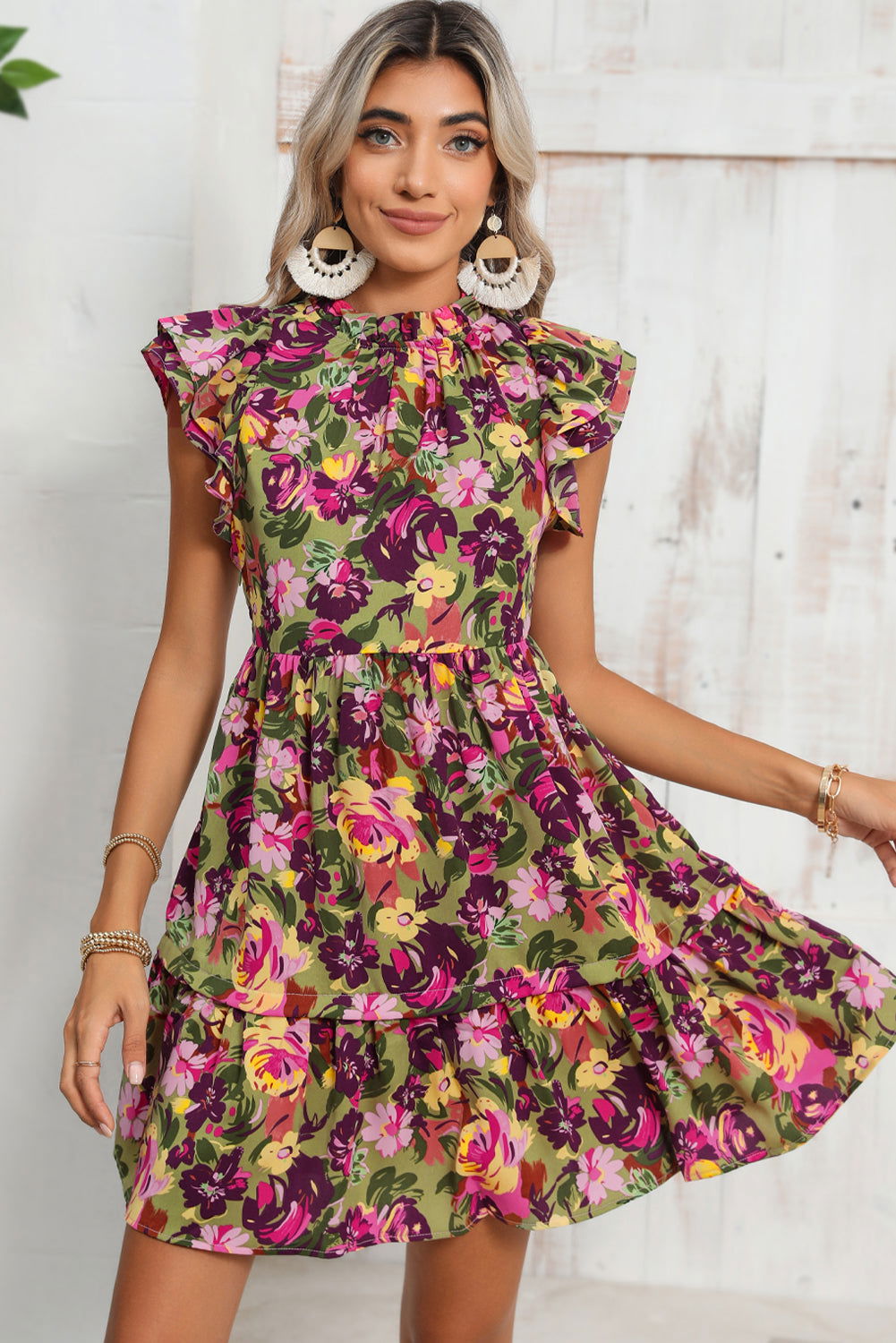 Green Floral Print Flutter Shoulder Ruffled Mini Dress - Vesteeto