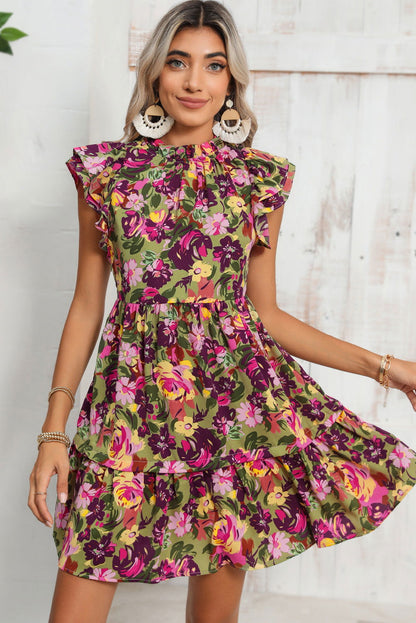 Green Floral Print Flutter Shoulder Ruffled Mini Dress - Vesteeto