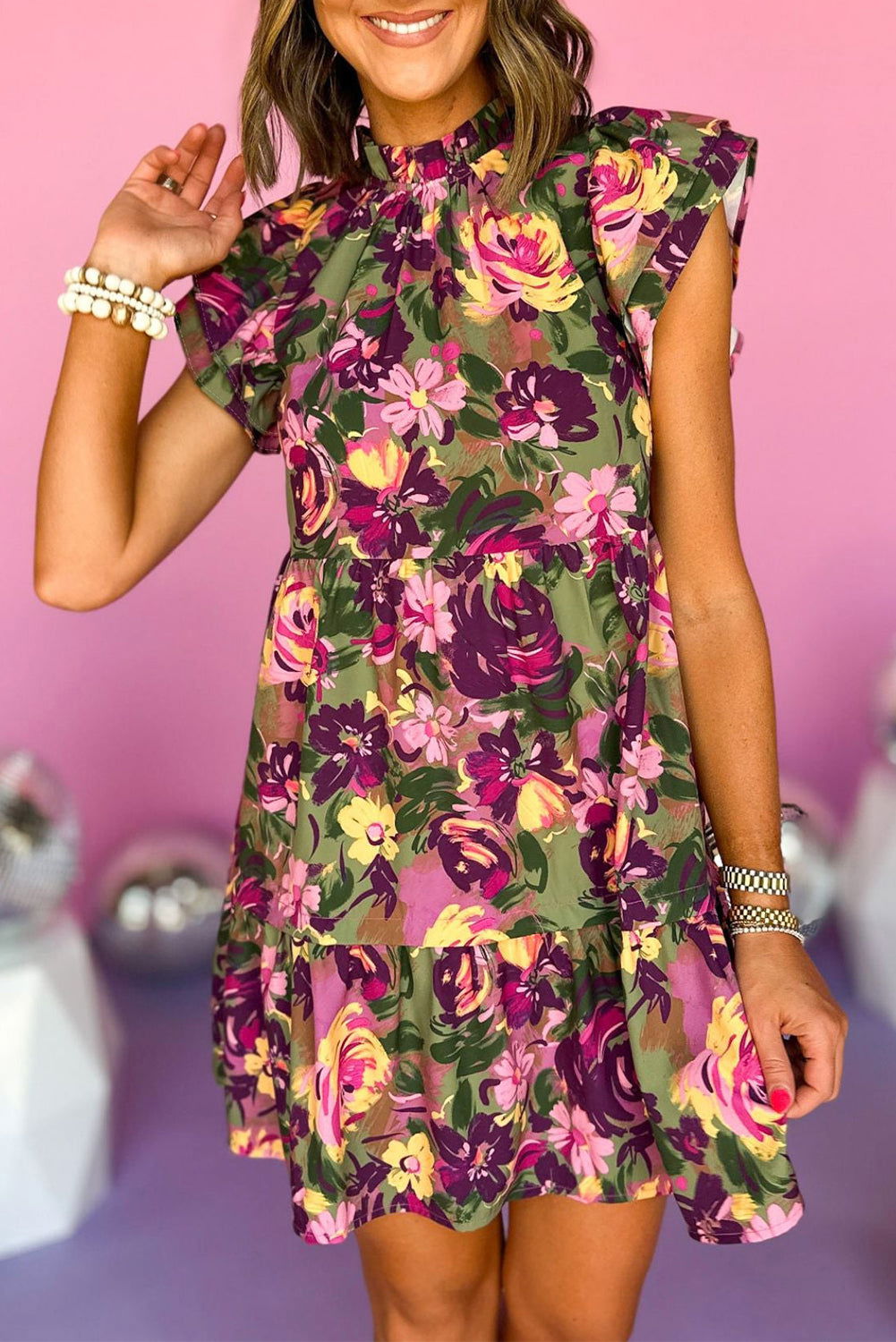 Green Floral Print Flutter Shoulder Ruffled Mini Dress - Vesteeto