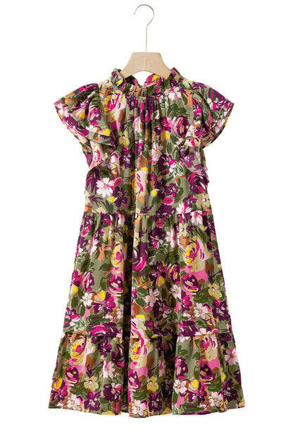 Green Floral Print Flutter Shoulder Ruffled Mini Dress - Vesteeto