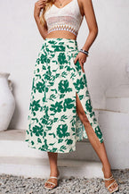 Green Floral Print Side Split Midi Skirt - Vesteeto