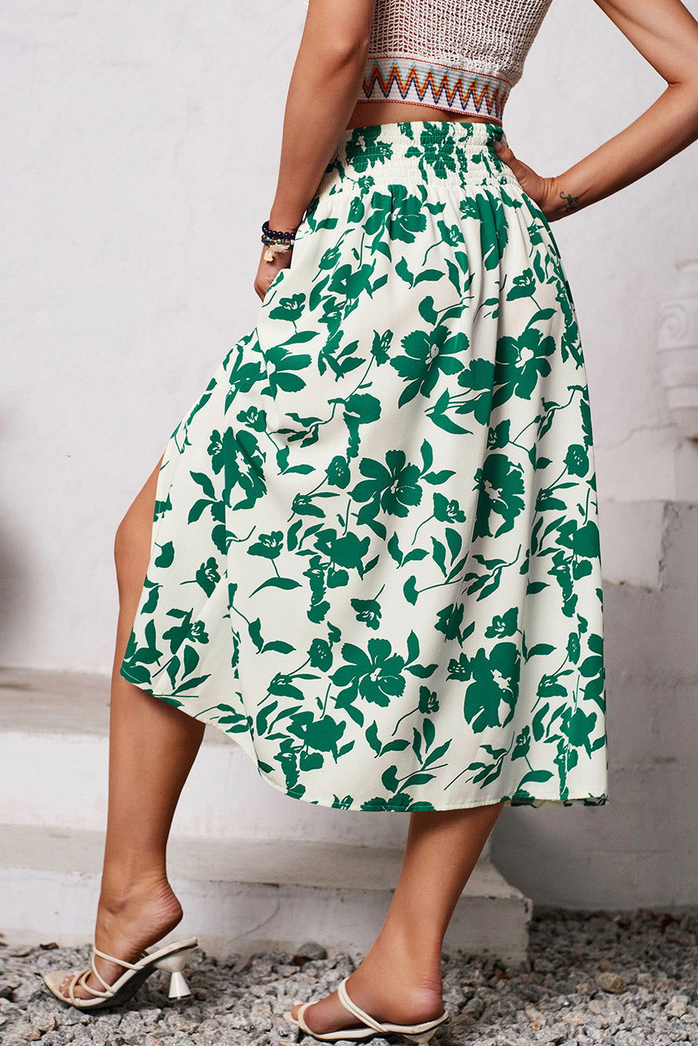 Green Floral Print Side Split Midi Skirt - Vesteeto