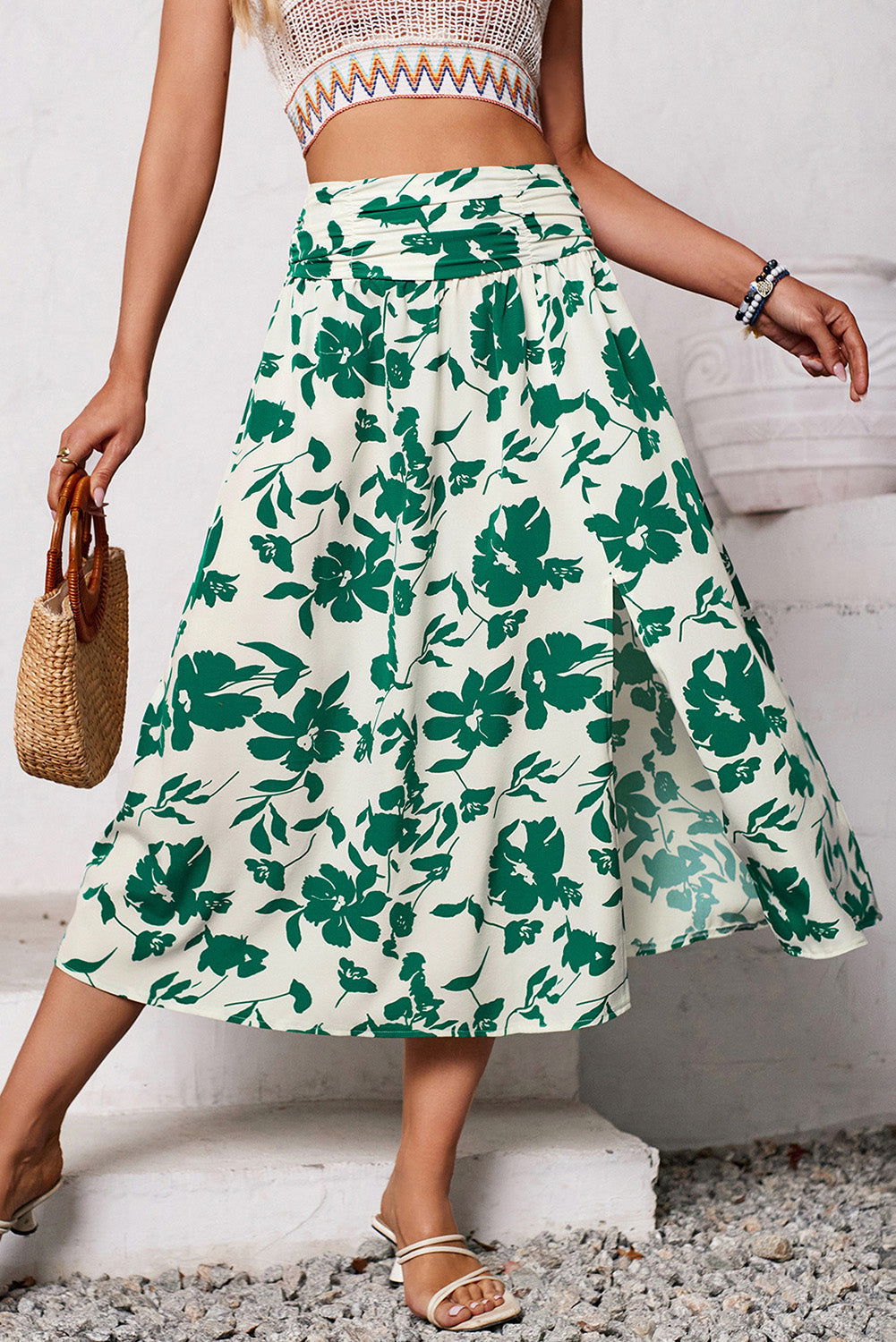 Green Floral Print Side Split Midi Skirt - Vesteeto