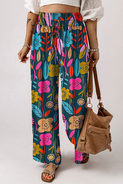 Green Floral Print Smocked Waist Loose Pants - Vesteeto