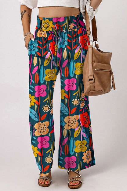 Green Floral Print Smocked Waist Loose Pants - Vesteeto