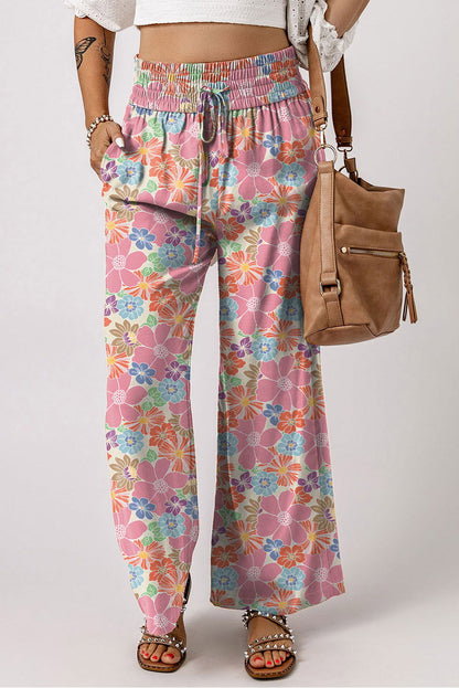 Green Floral Print Smocked Waist Loose Pants - Vesteeto