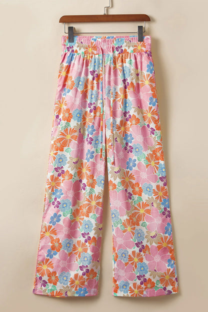 Green Floral Print Smocked Waist Loose Pants - Vesteeto