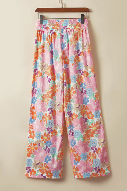 Green Floral Print Smocked Waist Loose Pants - Vesteeto