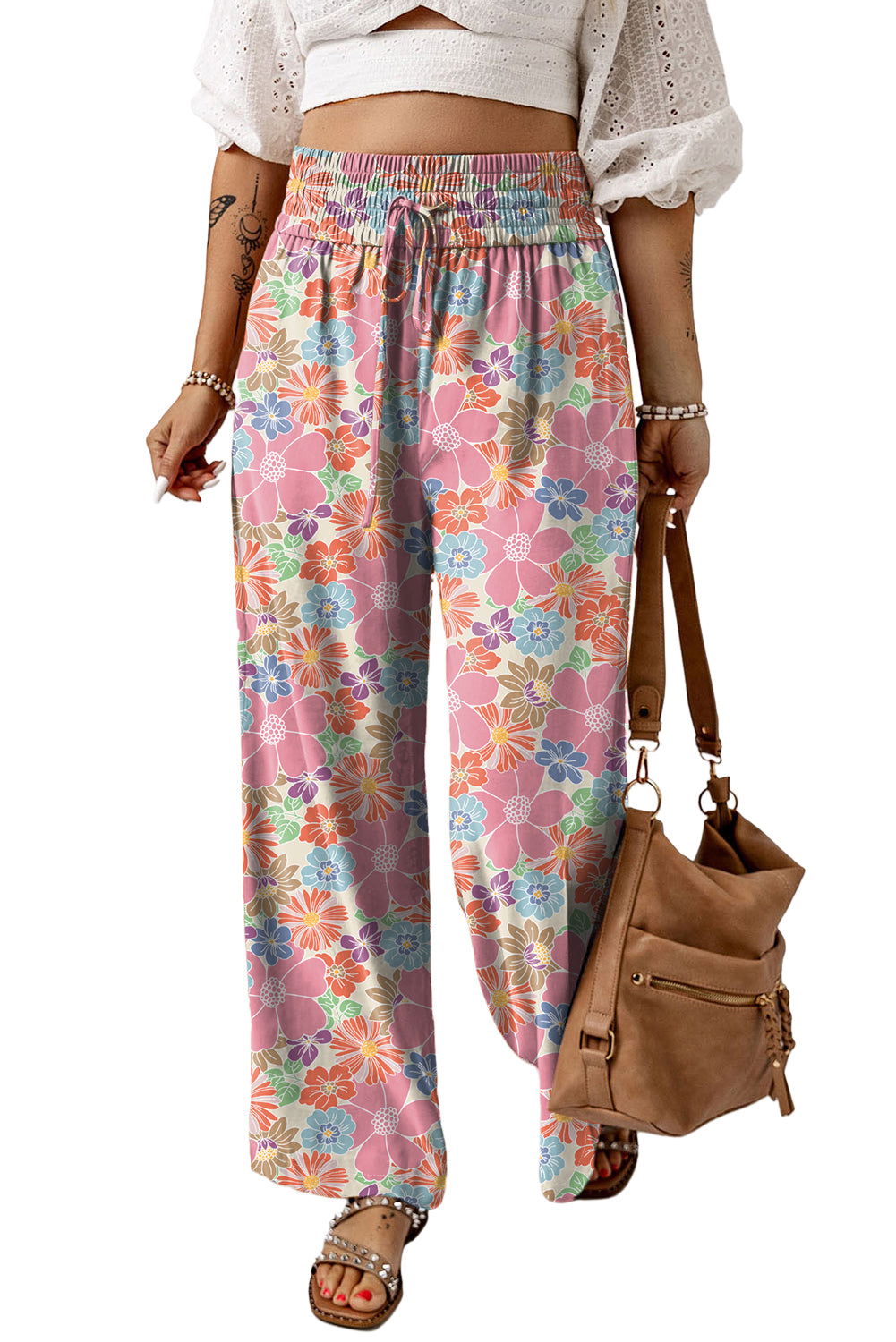 Green Floral Print Smocked Waist Loose Pants - Vesteeto