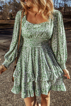 Green Floral Print Square Neck Smocked Waist Tiered Ruffle Mini Dress - Vesteeto