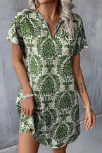 Green Floral Print V Neck Short Dolman Sleeve Mini Dress - Vesteeto