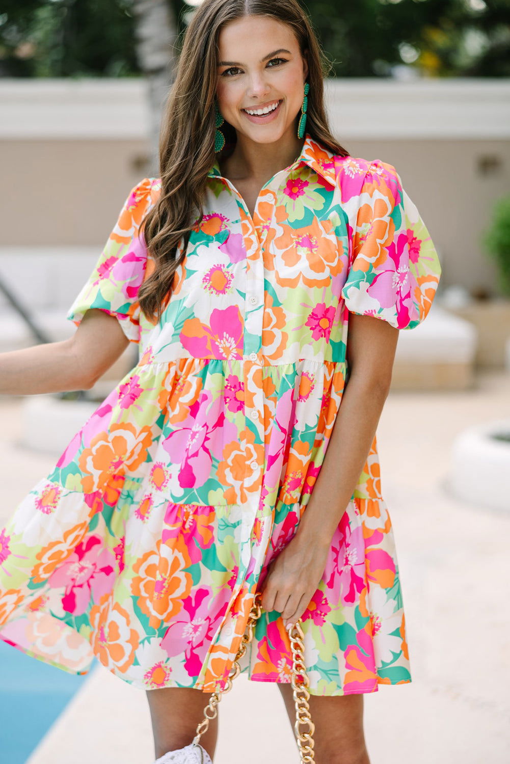 Green Floral Puff Sleeve Buttoned Babydoll Dress - Vesteeto