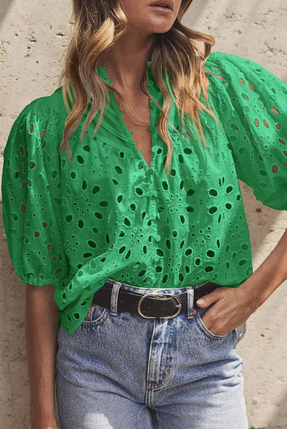 Green Flower Hollow-out Short Puff Sleeve Blouse - Vesteeto