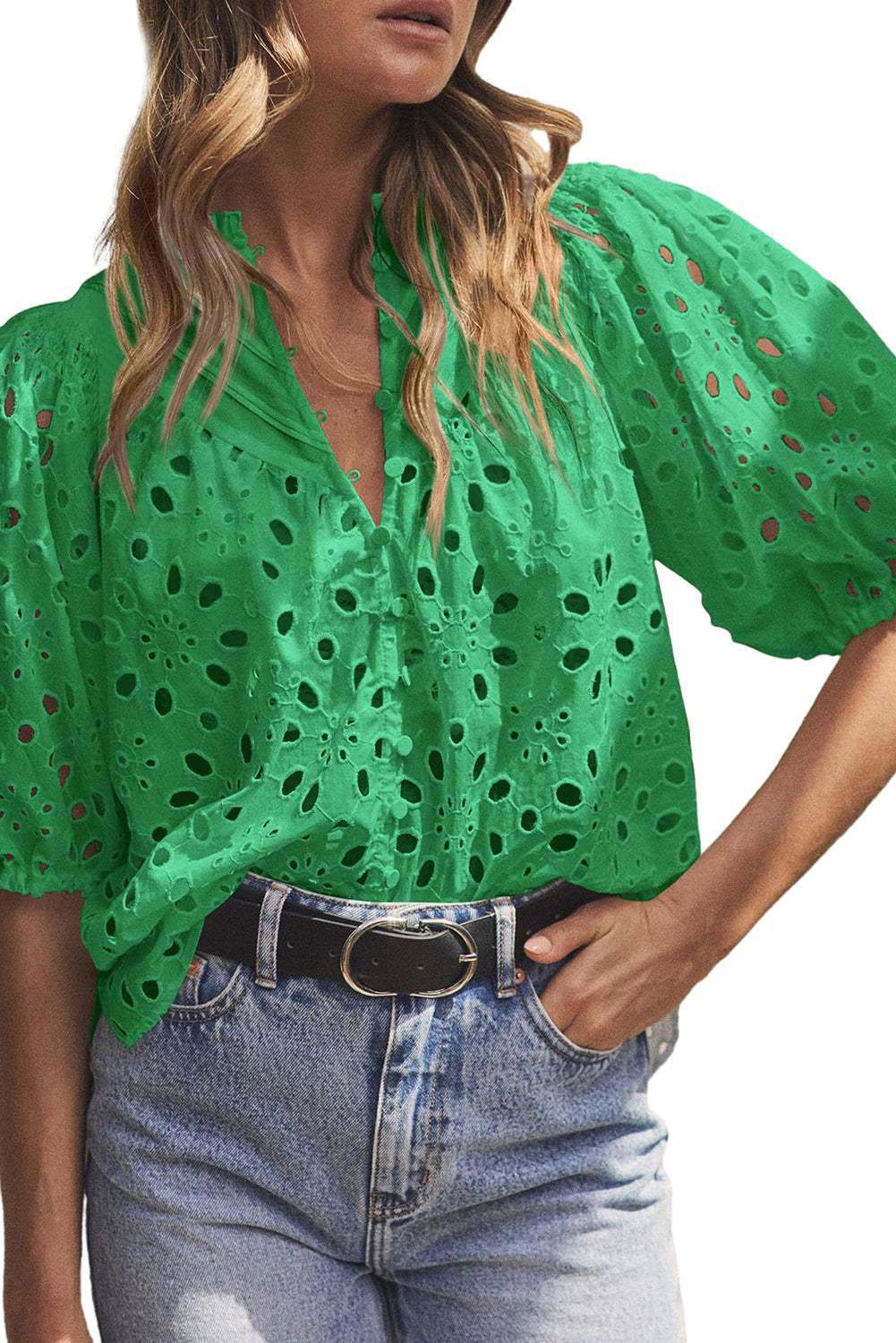 Green Flower Hollow-out Short Puff Sleeve Blouse - Vesteeto