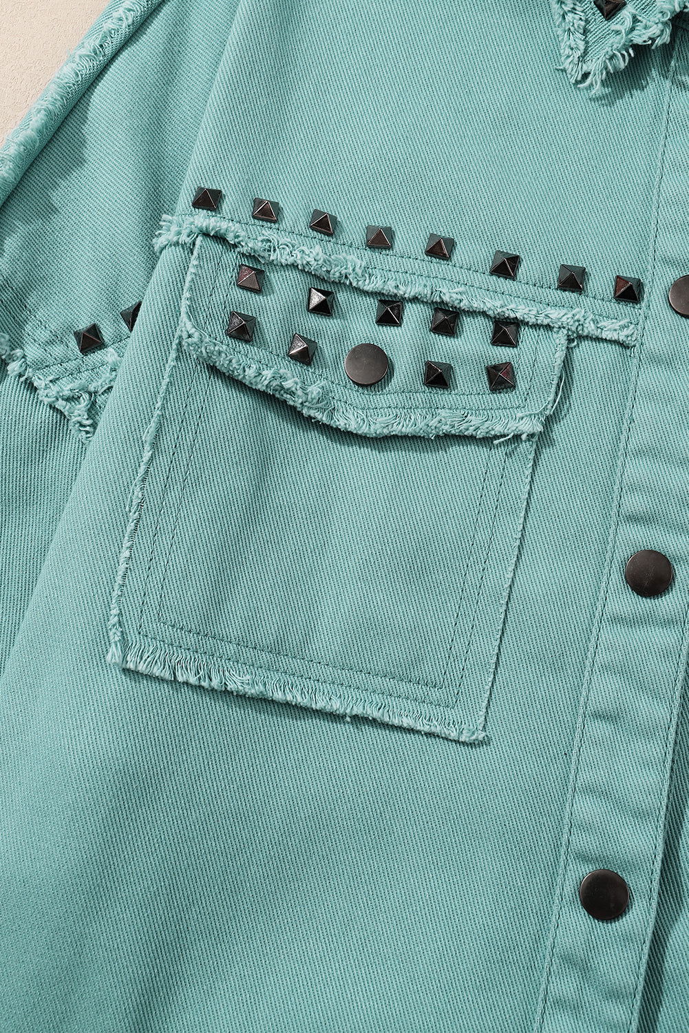 Green Frayed Trim Vintage Rivet Denim Jacket - Vesteeto