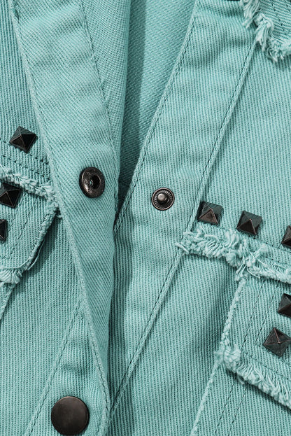 Green Frayed Trim Vintage Rivet Denim Jacket - Vesteeto