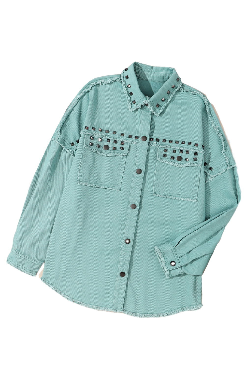 Green Frayed Trim Vintage Rivet Denim Jacket - Vesteeto