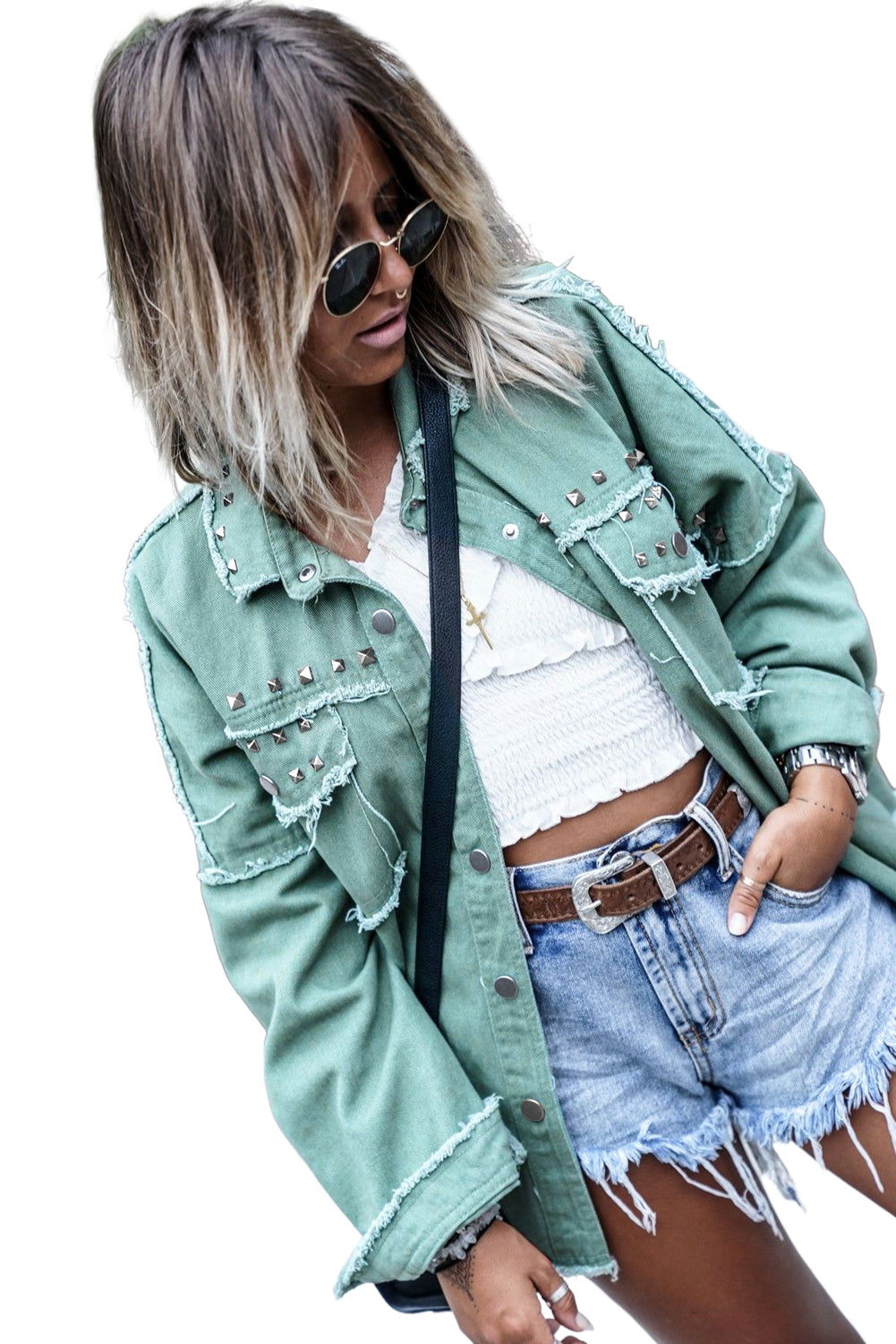 Green Frayed Trim Vintage Rivet Denim Jacket - Vesteeto