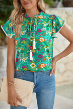 Green Lace Trim Flutter Sleeve Tropical Floral Print Blouse - Vesteeto