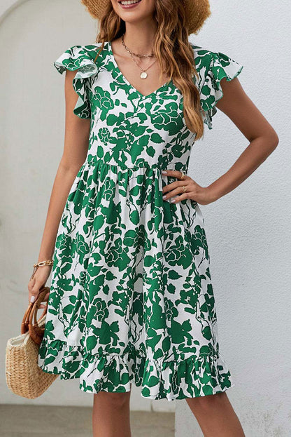 Green Leaf Print V Neck Fluttter Sleeveless Mini Dress - Vesteeto