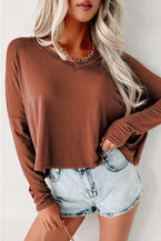 Green Plain Loose V Neck Dropped Long Sleeve Top - Vesteeto