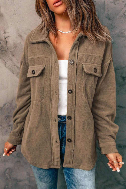 Green Plush Turn Down Collar Buttoned Shirt Shacket - Vesteeto