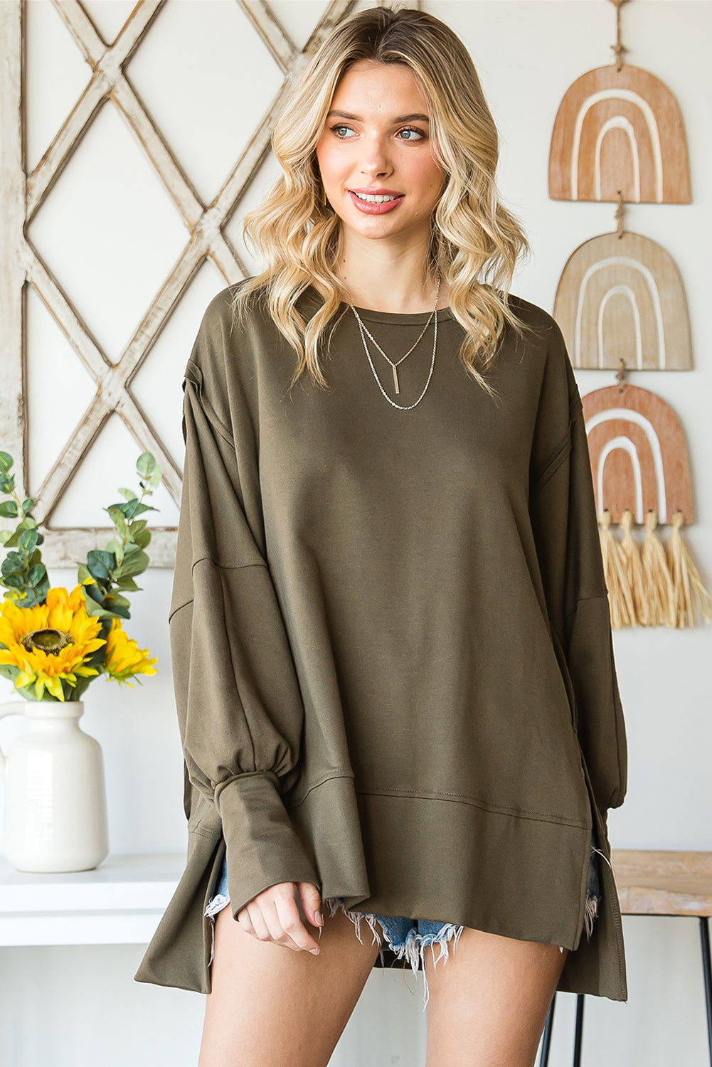 Green Slits Drop Shoulder Oversized Top - Vesteeto