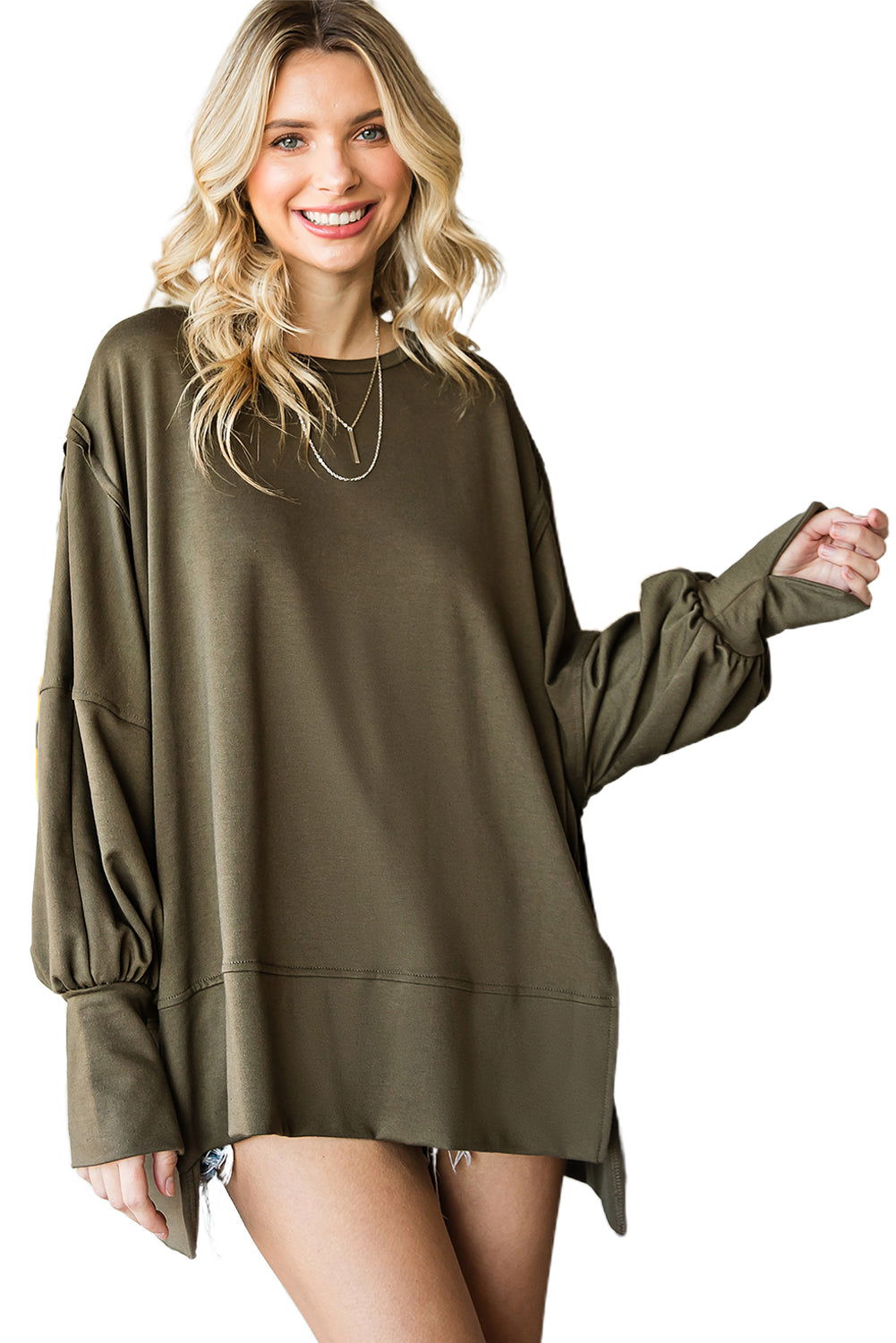 Green Slits Drop Shoulder Oversized Top - Vesteeto