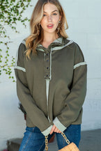 Green Snap Button Fleece Drop Shoulder Sweatshirt - Vesteeto