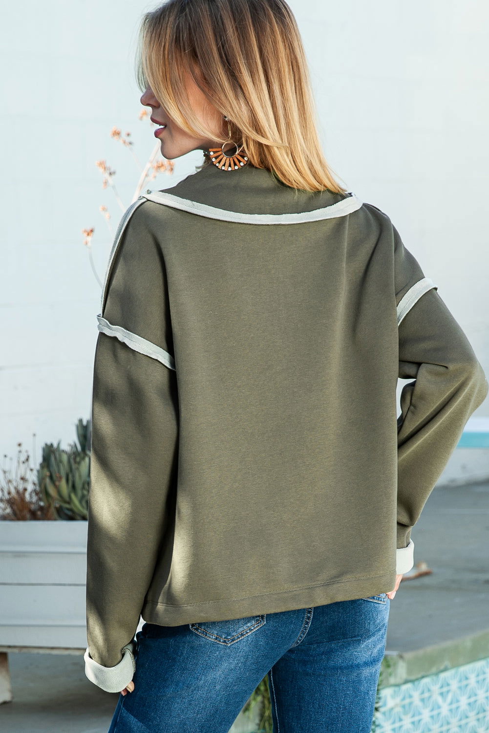 Green Snap Button Fleece Drop Shoulder Sweatshirt - Vesteeto